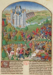 A Batalha de Auray em 29 de Setembro de 1364 Miniatura de Compilação..., c. 1480.