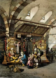 O Bazar (souk) de Constantinopla, litografia a cores