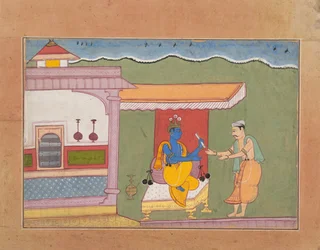 O brâmane entrega a carta de Rukminis a Krishna ... de um Bhagavata Purana disperso ..., ca. 1610