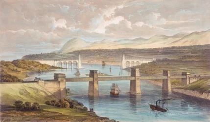 Ponte Britannia Tubular, estreito de Menai, país de Gales, c1850