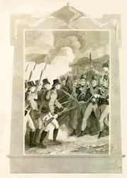Os britânicos atacam linhas francesas com baionetas na batalha de Maida, 1806, 1816.