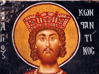 O Fresco Bizantino do século XV (Detalhe): O Imperador Constantino pintando a Igreja Miguel Arcanjo em Pedoulas Chipre Igrejas pintadas site da UNESCO Troodos, Chipre
