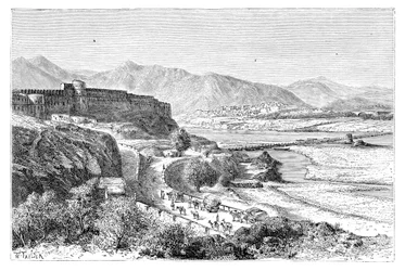 A Cidadela de Attock e uma ponte de barcos sobre o Indus, Paquistão, 1895
