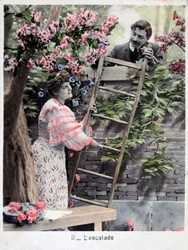 A escalada, cartão postal vintage francês, c1900