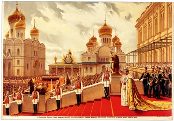 A cerimónia de coroação de Nicolau II. Na Escadaria Vermelha, 1896