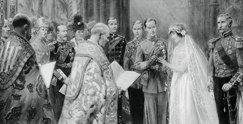 O Duque de York colocando o anel no dedo de Lady Elizabeth Bowes-Lyons, 26 de abril de 1923, 1937