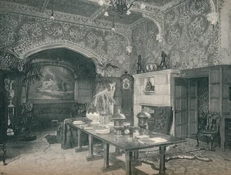 O hall de entrada do Stanmore Hall, c1891