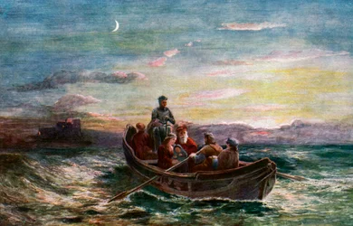 A fuga de Maria, rainha da Escócia, do castelo Loch Leven, século XIX, c1920