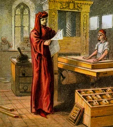 A primeira impressora inglesa, século XV, c1850