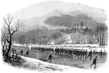 Os primeiros voluntários do rifle de Lincolnshire que marcham pelo rio Witham em patins, 1861
