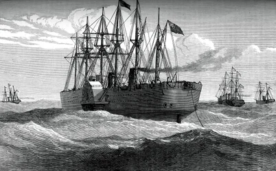 O Great Eastern tocando o cabo telegráfico do Atlântico, c1865, c1880