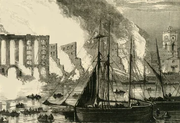 O grande incêndio em Cottons Wharf Tooley Street, 1861, c1878.