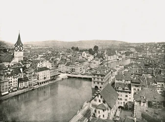 A cidade grande e a pequena cidade divididas pelo rio Limmat, Zurique, Suíça, 1895.