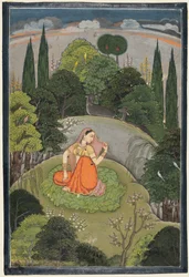 A heroína que espera ansiosamente por seu amante ausente Utka Nayika, c. 1760-1765.