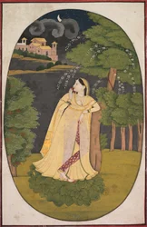 A heroína que espera ansiosamente por seu amante ausente Utka Nayika, c. 1800.