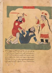 O marido bate no amante de sua esposa, Folio de um Kalila wa Dimna, século 18.