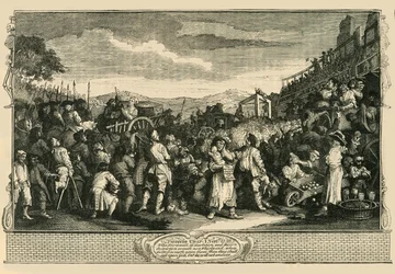 O aprendiz ocioso executado em Tyburn. Depois de Hogarths Print., 1747, c1876.