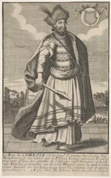 O rei do Camboja de pé com um cetro na mão direita, ca. 1670-1700.