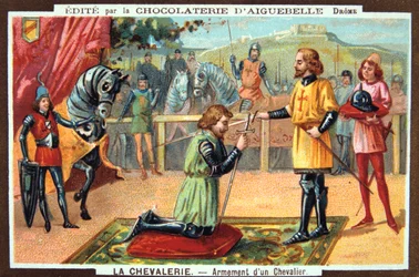 Os cavaleiros - Investidura de um cavaleiro, Idade Média. Século XIX. Litografia a cores. Coleção particular