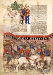 Os cavaleiros da miniatura redonda da missão do Santo Graal e a morte de Arthus, ca 1220