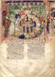 Os cavaleiros da miniatura redonda da missão do Santo Graal e a morte de Arthus, ca 1220