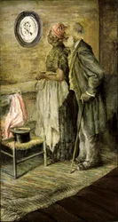 O velho casal olhando para um retrato de Lincoln, depois de 1904-1905.