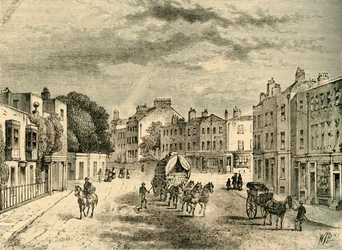 A antiga vila de Vauxhall, com entrada para os jardins, em 1825, c1878.