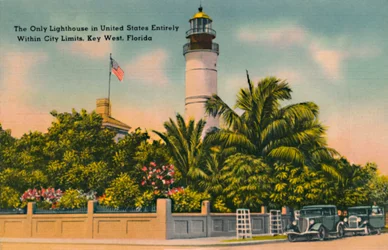 O único farol nos Estados Unidos inteiramente dentro dos limites da cidade, Key West, Flórida, c1940s