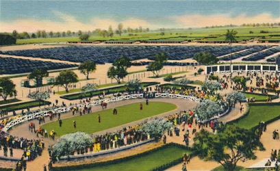 O prado em Santa Anita, clube do relvado de Los Angeles, Arcadia, Califórnia, anos 30.