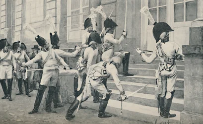 A nobre guarda prussiana afia suas espadas nos degraus da Embaixada da França em Berlim, 1896