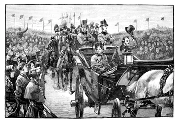 A chegada do Queens ao Peel Park, perto de Manchester, 1851, 1888