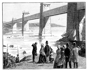 As Queens visitam a Ponte Tubular Britannia, País de Gales, c1888
