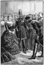 O xá da Pérsia apresentando seu traje à rainha Victoria em Windsor, em meados do século XIX