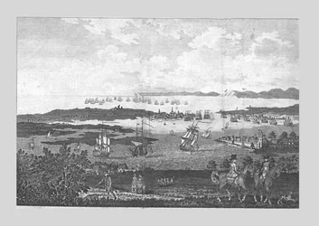 A cidade e o porto de Portsmouth com vista para a frota Majestys em Spithead, século XVIII.