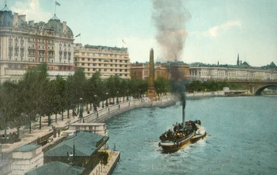 Victoria Embankment, e navio a vapor no rio Tamisa, Londres, c1907.