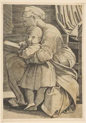 A Virgem lendo com o infante Cristo, mulher sentada de perfil voltada para a esquerda, ..., ca. 1515-1600.