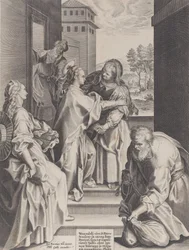 A Visitação, a Virgem e Santa Isabel abraçadas ao centro, ladeadas por outras f..., 1589.