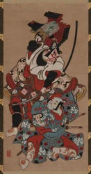 A cena de puxar a armadura de uma peça de Soga, período Edo, 1615-1868.