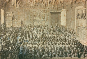 A assembléia da Sorbonne declara Henry III deposto, janeiro de 1589. Museu de Carnavalet, Paris