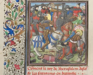 A batalha entre os cruzados e os sarracenos. Miniatura da História por William of Tyre, 1460s