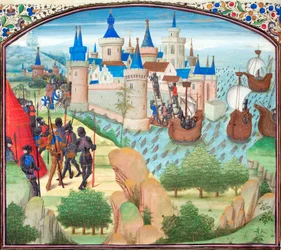 A captura de Constantinopla por terra e mar em 1204. Miniatura da História por William of Tyre, 1460
