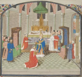 A coroação de Balduíno I no dia de Natal de 1100. Miniatura da Historia de Guilherme de Tiro, década de 1460