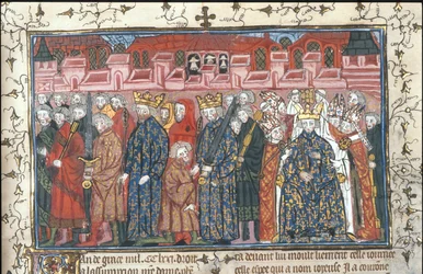 A coroação de Filipe II Augusto na presença de Henrique II de Inglaterra, das Chroniques de France ou de St Denis, depois de 1380