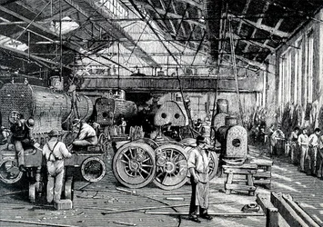 A oficina de montagem da Locomotiva Baldwin Works.