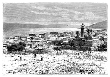 O lago e a cidade de Tiberíades, Israel, 1895