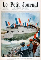 O lançamento do cruzador blindado Leon Gambetta, França, 1901