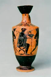 A feiticeira Circe representada num vaso de cerâmica de figuras negras. Grécia Antiga, séculos V - IV a.C.