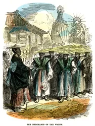 Os comerciantes da ala, procissão do festival de Ano Novo em Yokohama, Japão, 1872