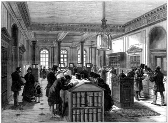 O novo registro do escritório de testamentos, Somerset House, Londres, 1875