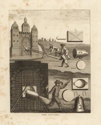 O petardo, um dispositivo explosivo medieval na forma de um cone metálico cheio de pólvora preso a um portão para o rebentar